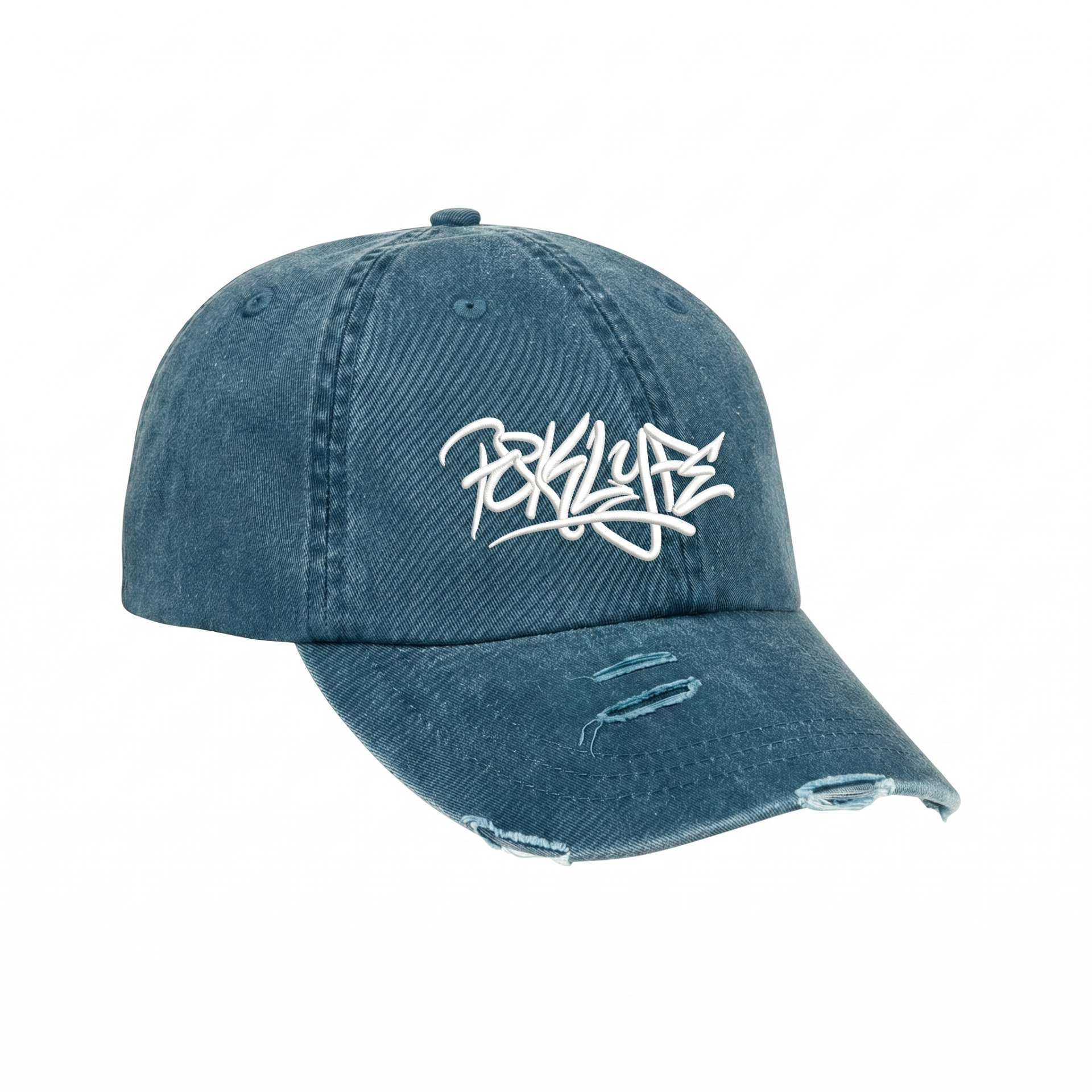 Denim RCK Lyfe graffiti dad hat with white embroidered logo and distressed brim