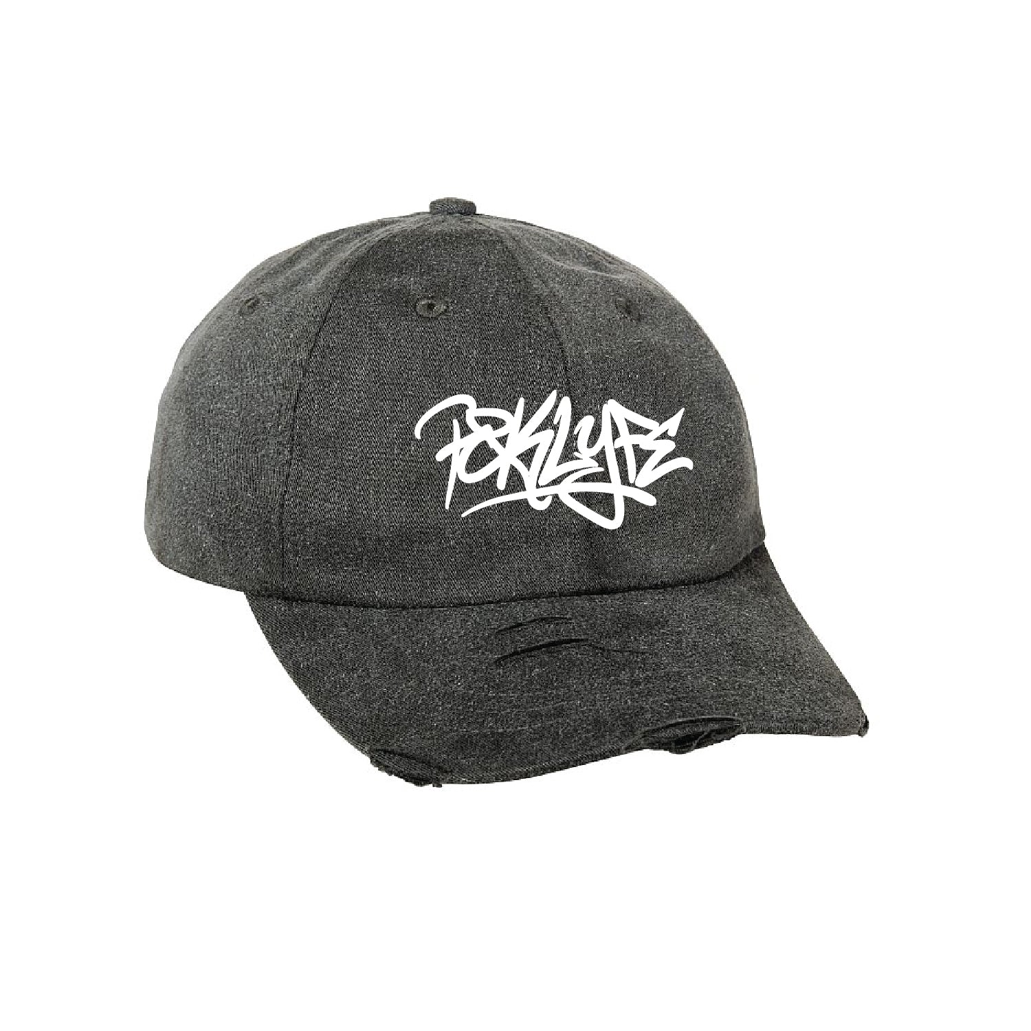 Washed black RCK Lyfe graffiti dad hat with white logo and distressed brim