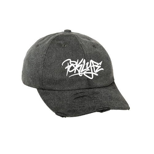 Washed black RCK Lyfe graffiti dad hat with white logo and distressed brim