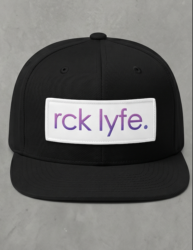 Black RCK Lyfe 5-panel snapback with white patch and purple gradient rck lyfe. logo