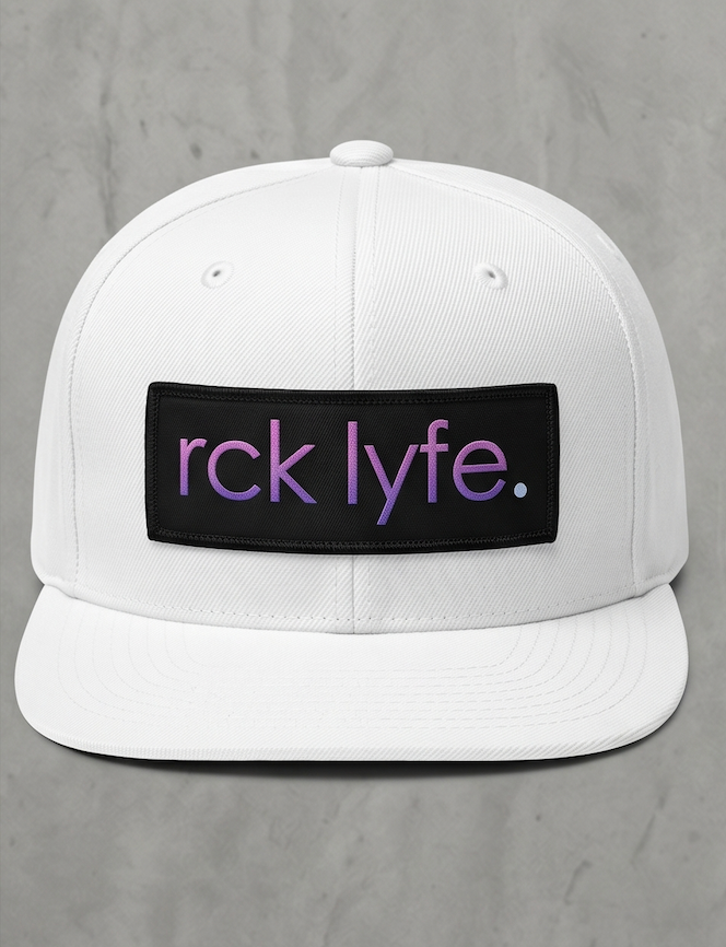 White RCK Lyfe 5-panel snapback with black patch and purple gradient rck lyfe. logo