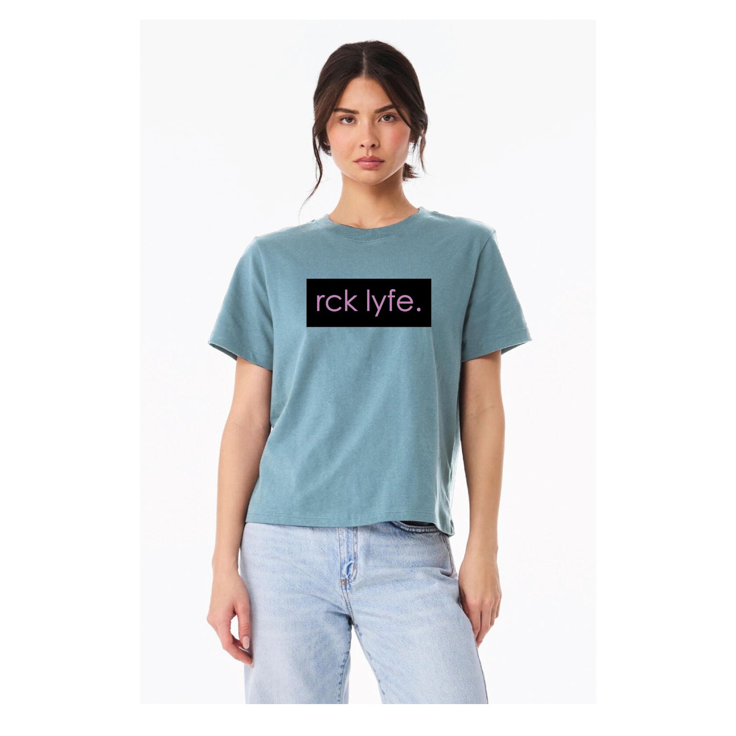 Heather Blue RCK Lyfe women's heavyweight box logo tee