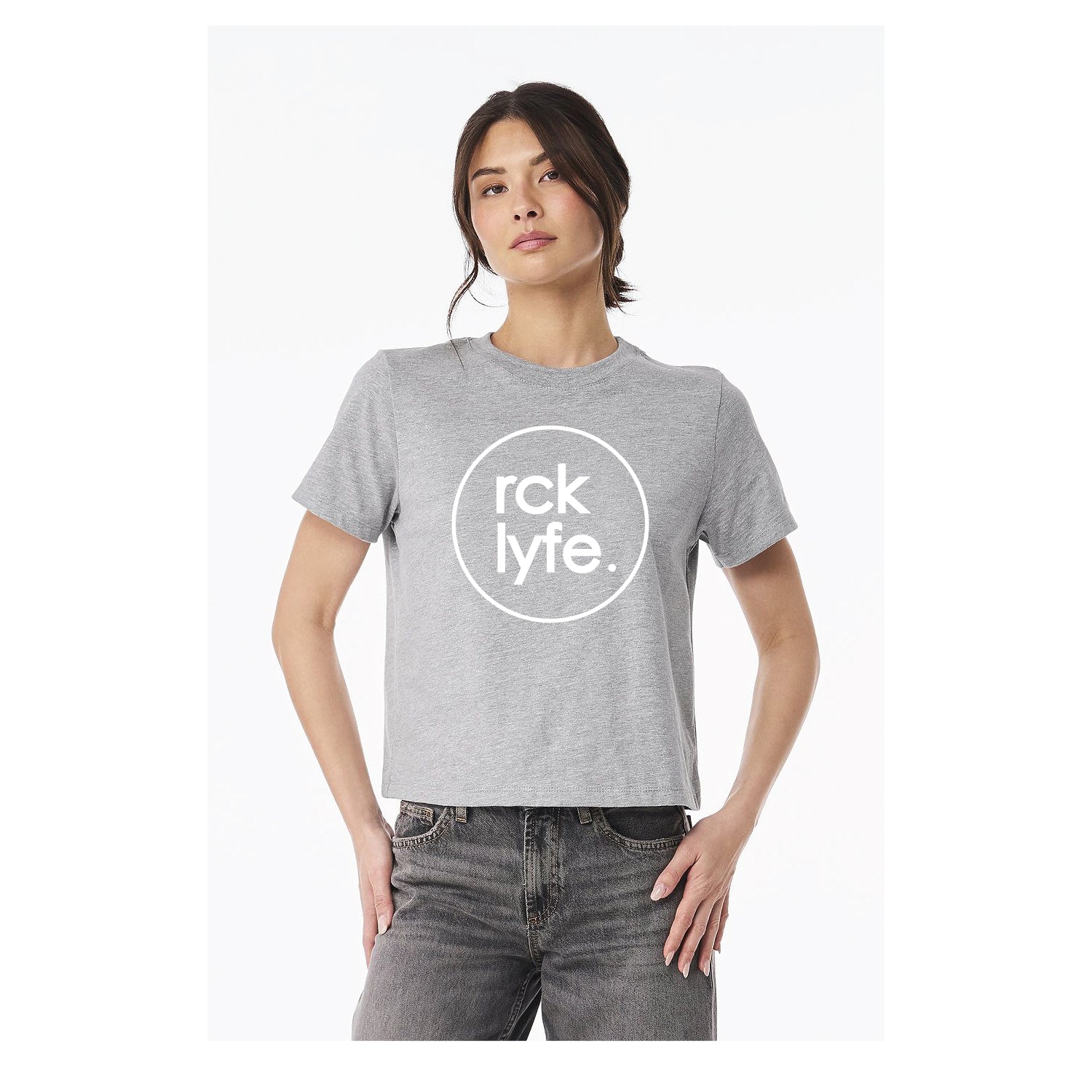 Athletic Heather RCK Lyfe women's heavyweight tee with white circle logo