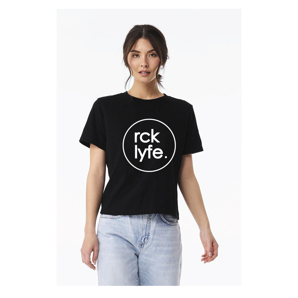 Black RCK Lyfe women's heavyweight tee with white circle logo