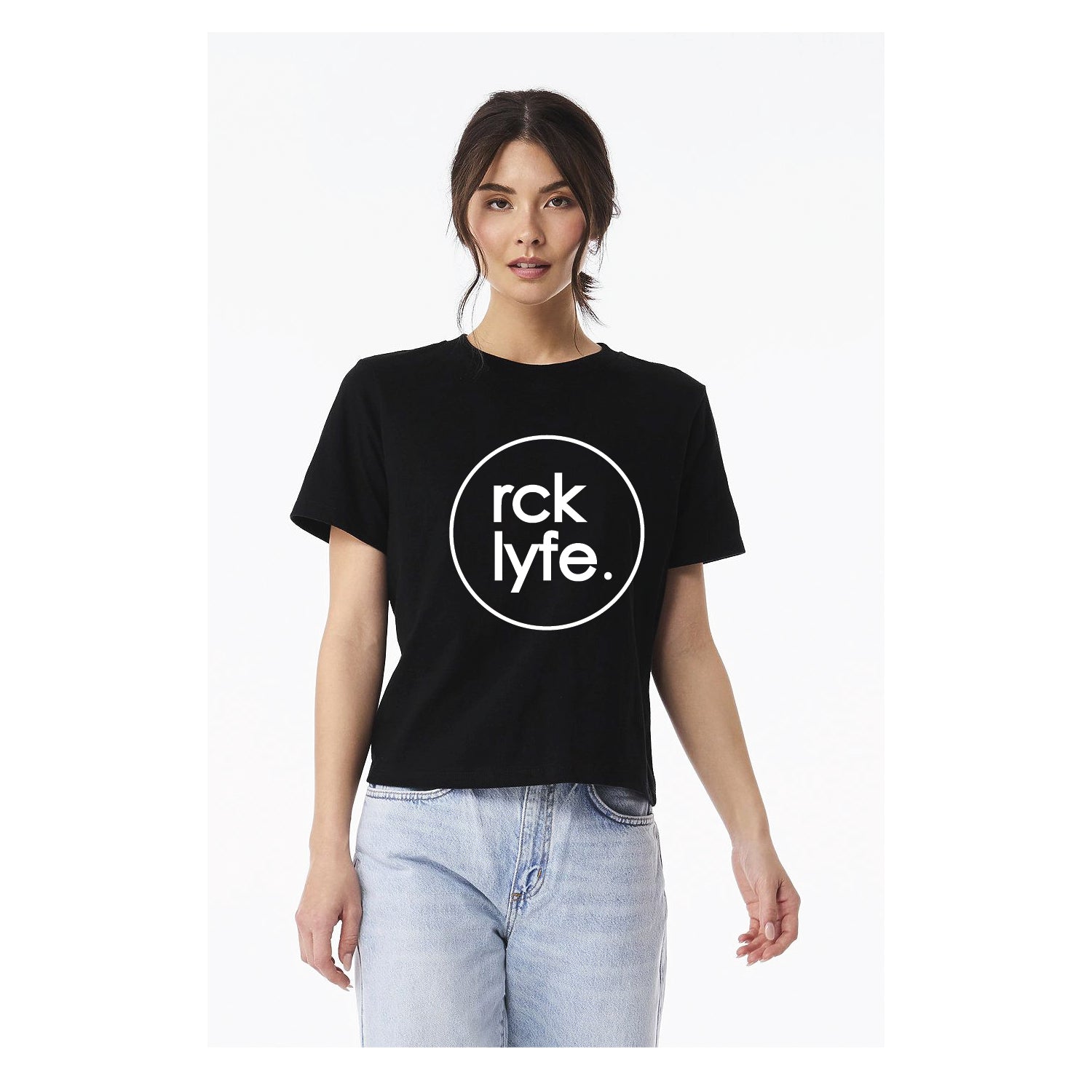 Black RCK Lyfe women's heavyweight tee with white circle logo