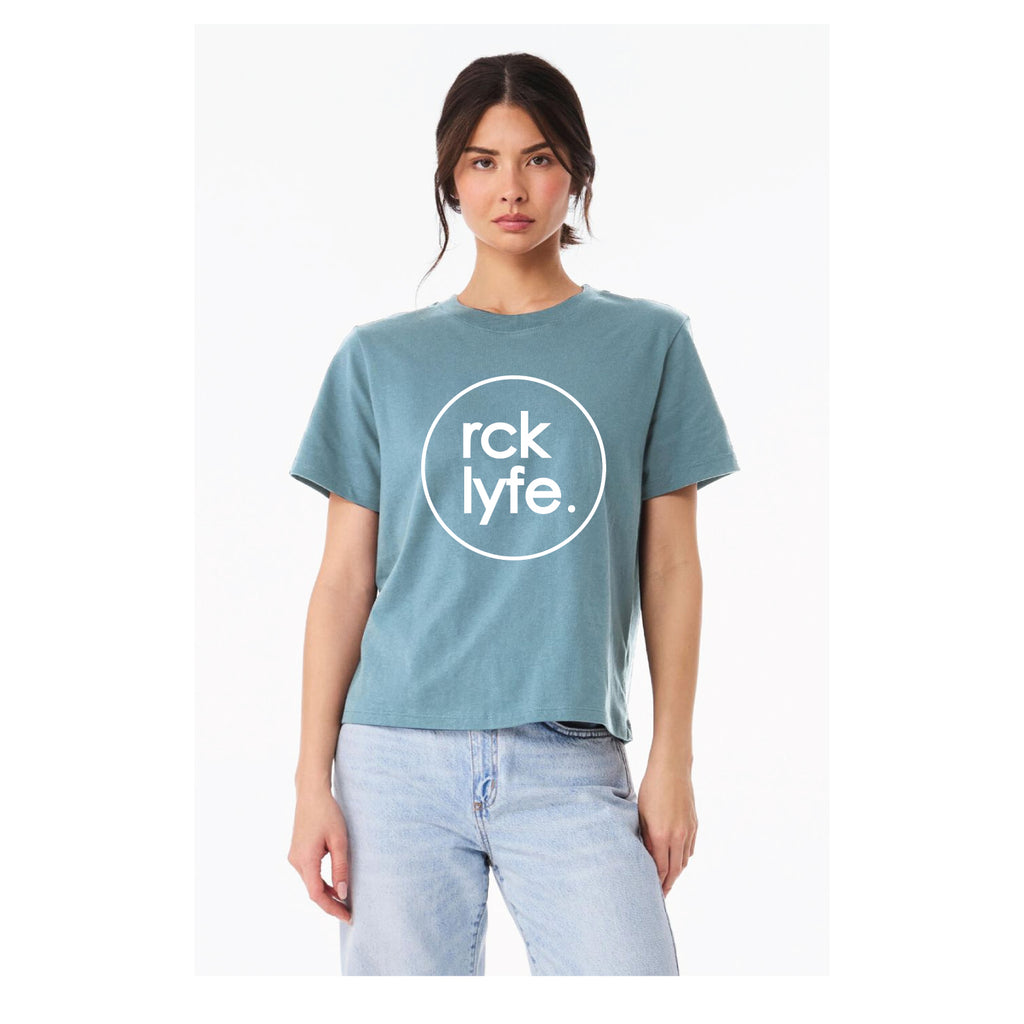 Heather Blue RCK Lyfe women's heavyweight tee with white circle logo
