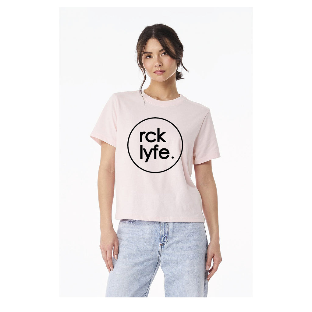 Soft Pink RCK Lyfe women's heavyweight tee with black circle logo