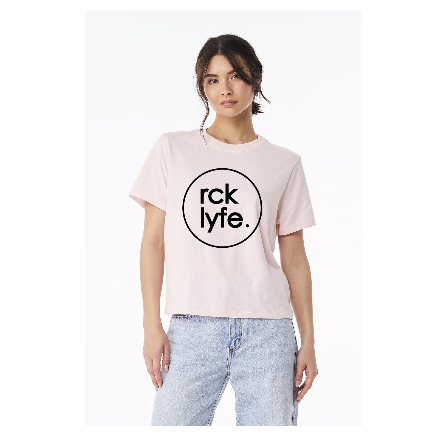 Soft Pink RCK Lyfe women's heavyweight tee with black circle logo