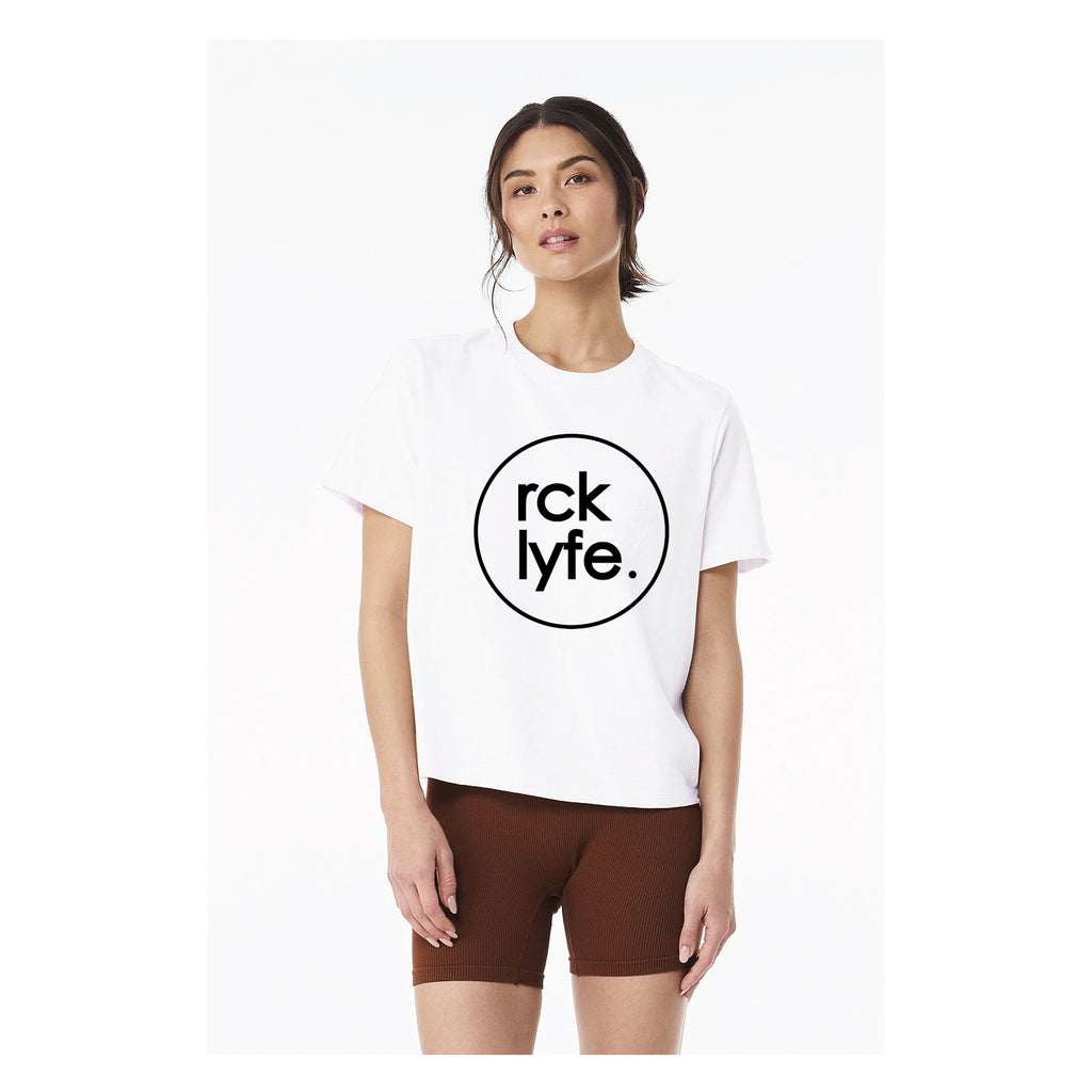 White RCK Lyfe women's heavyweight tee with black circle logo