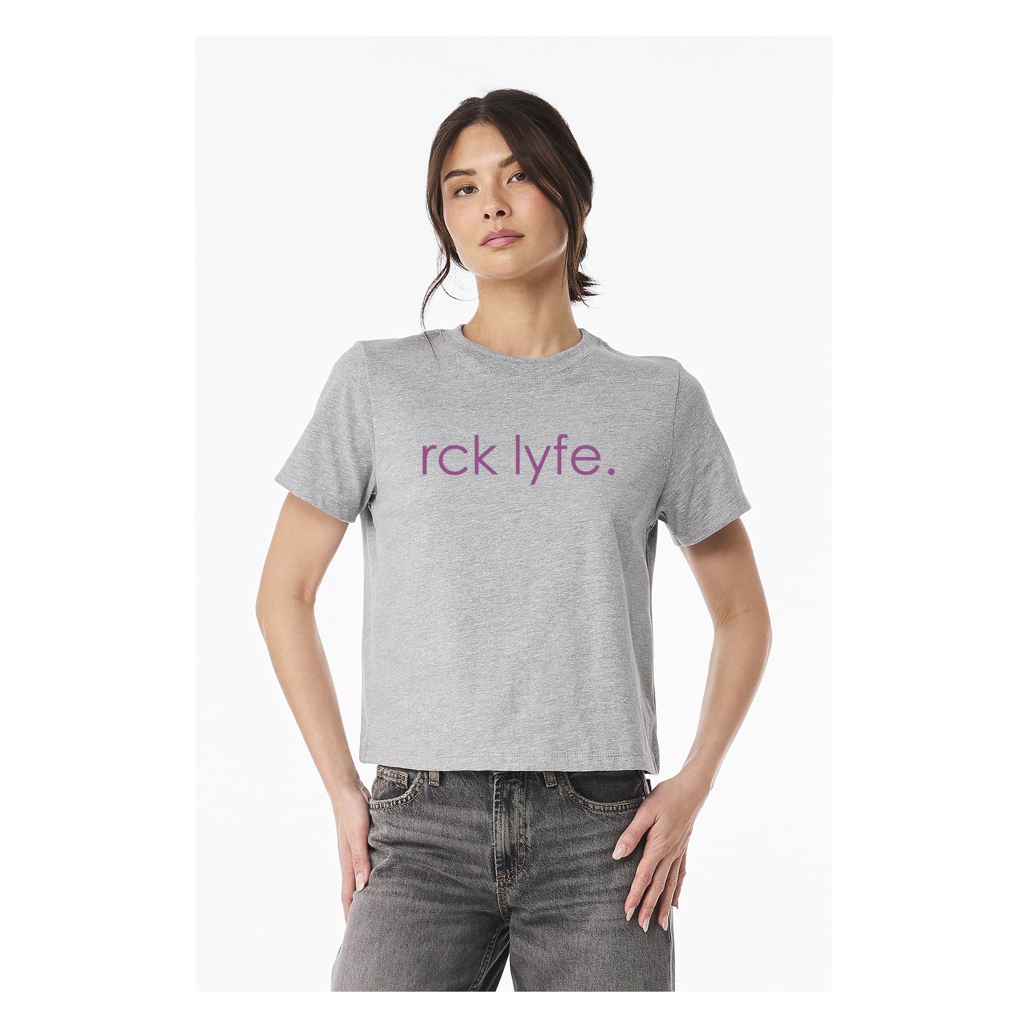 Athletic Heather RCK Lyfe women's heavyweight wordmark tee with magenta print