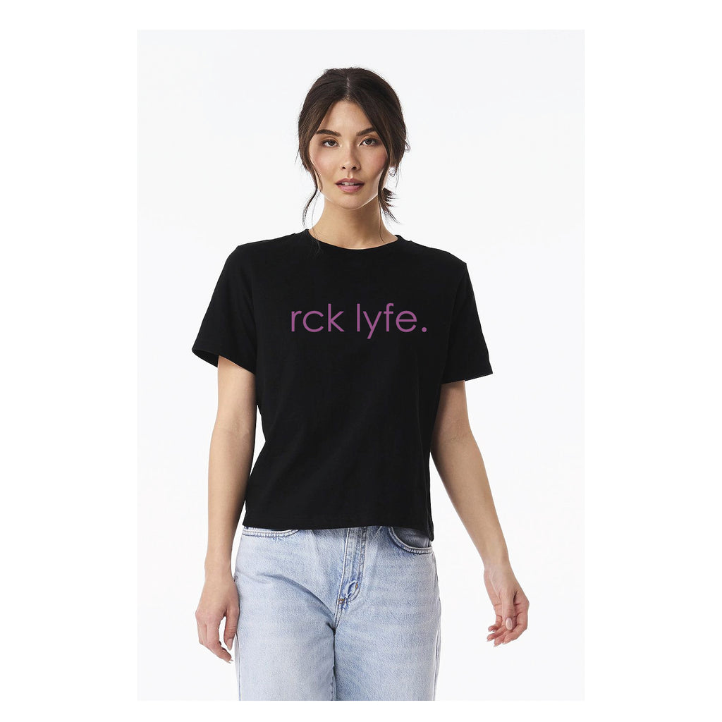 Black RCK Lyfe women's heavyweight wordmark tee with magenta print
