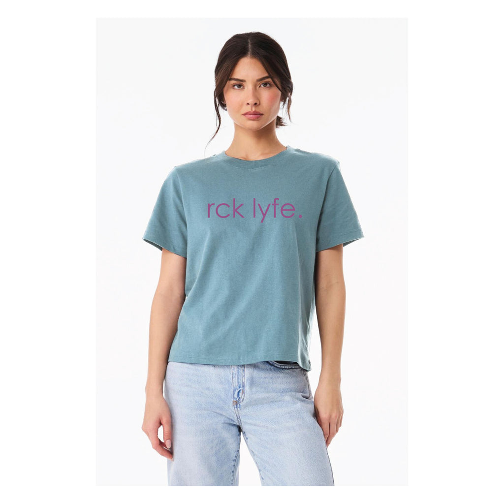 Heather Blue RCK Lyfe women's heavyweight wordmark tee with magenta print