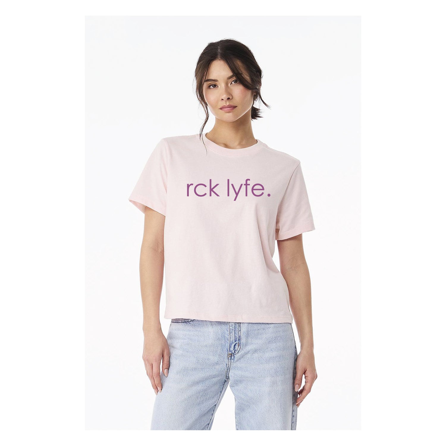 Soft Pink RCK Lyfe women's heavyweight wordmark tee with magenta print