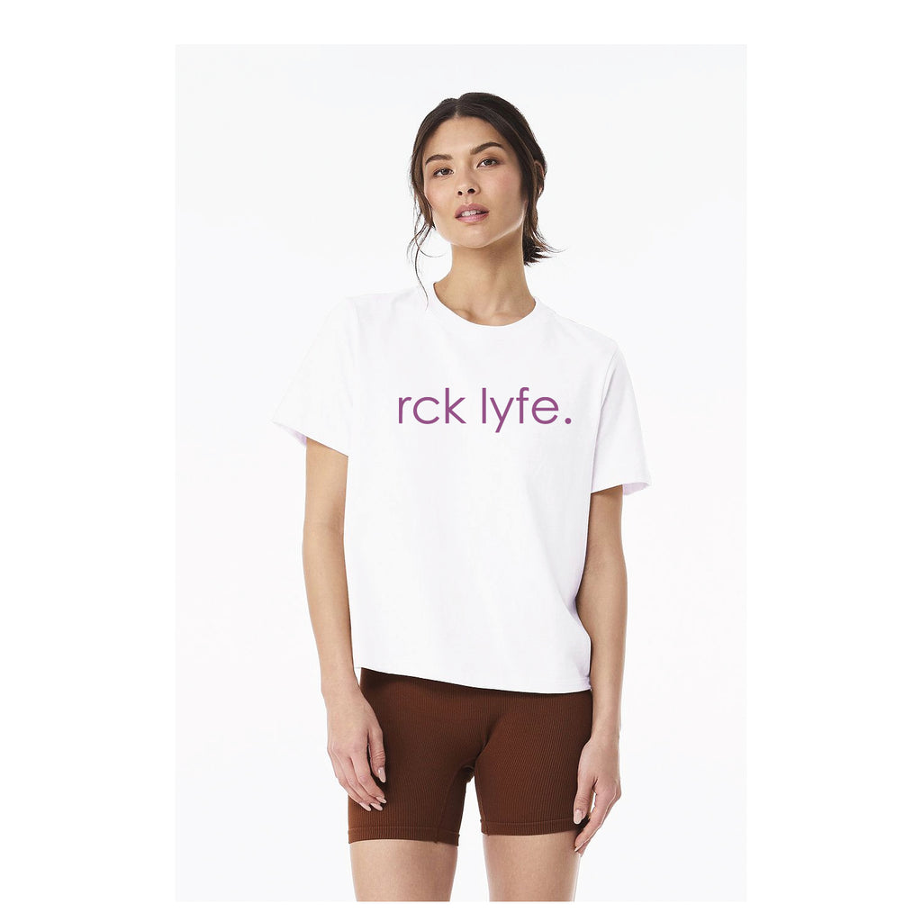 White RCK Lyfe women's heavyweight wordmark tee with magenta print